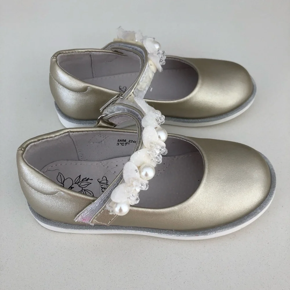 TikkaGo Gold Leather Mary Jane Dressy Pearl Shoes Toddler Girl Sz 10 NEW